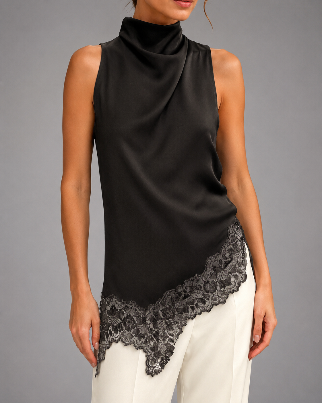 Women's Satin Halter Top – Asymmetric Hem with Lace Trim
