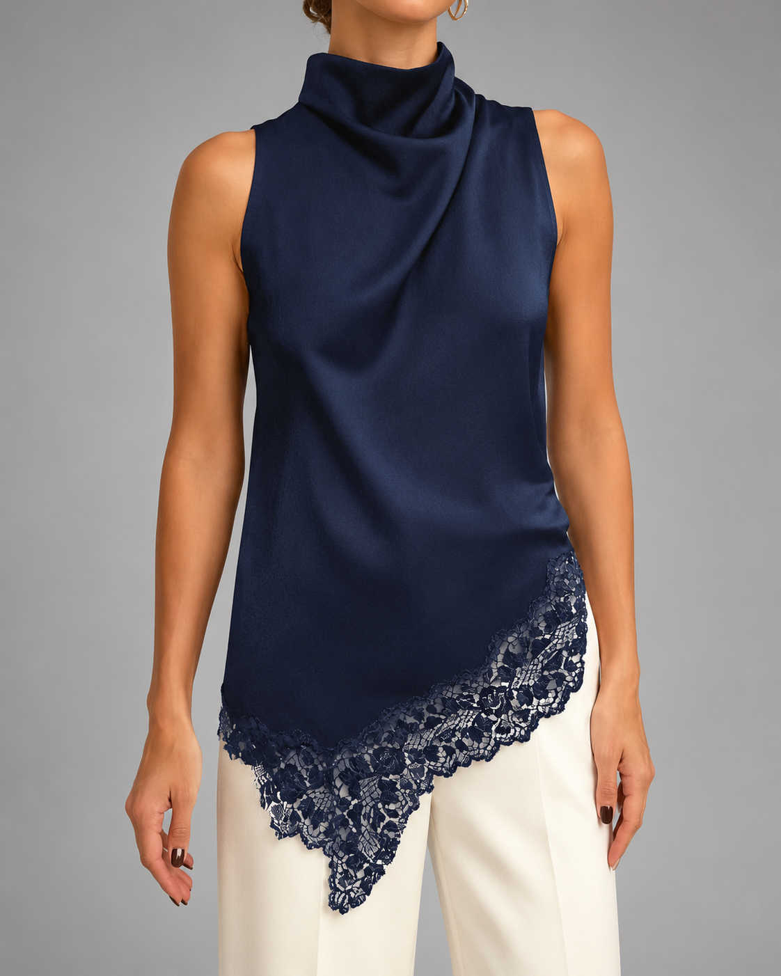 Women's Satin Halter Top – Asymmetric Hem with Lace Trim