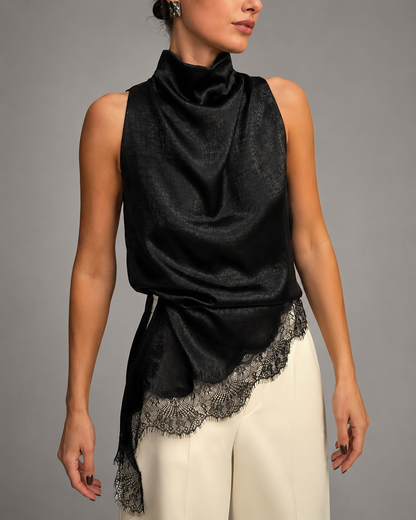 Women's Satin Halter Top – Asymmetric Hem with Lace Trim
