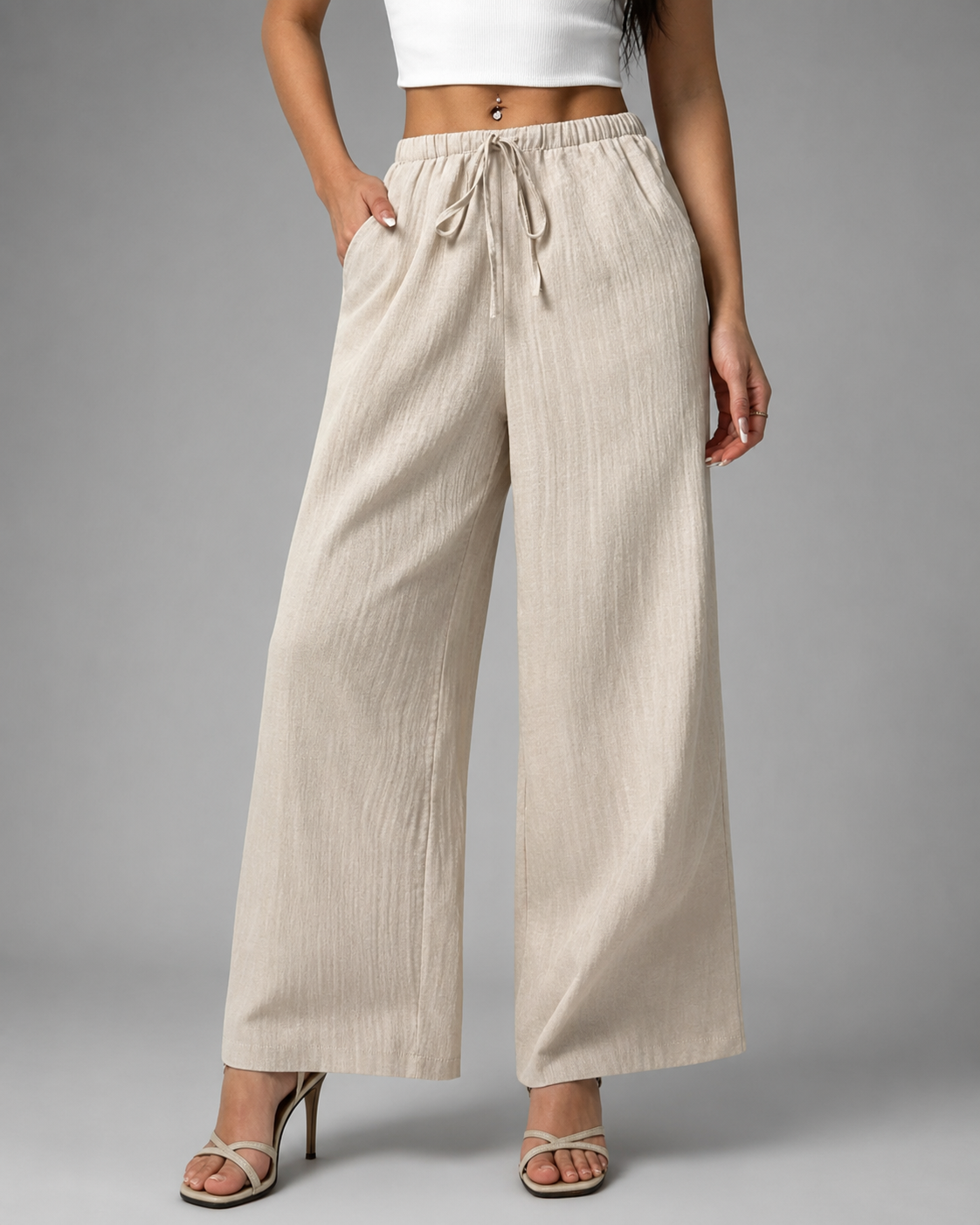 Women's Casual Wide Leg Pants – Drawstring Waist with Pockets – 100% Polyester