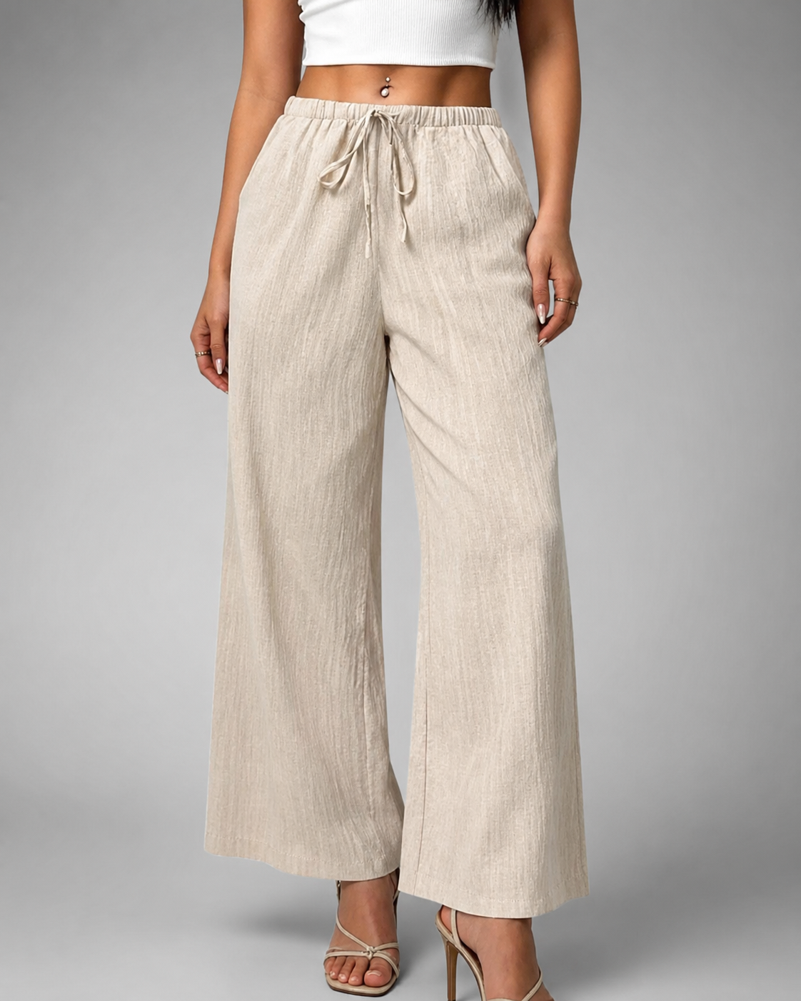 Women's Casual Wide Leg Pants – Drawstring Waist with Pockets – 100% Polyester
