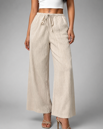 Women's Casual Wide Leg Pants – Drawstring Waist with Pockets – 100% Polyester