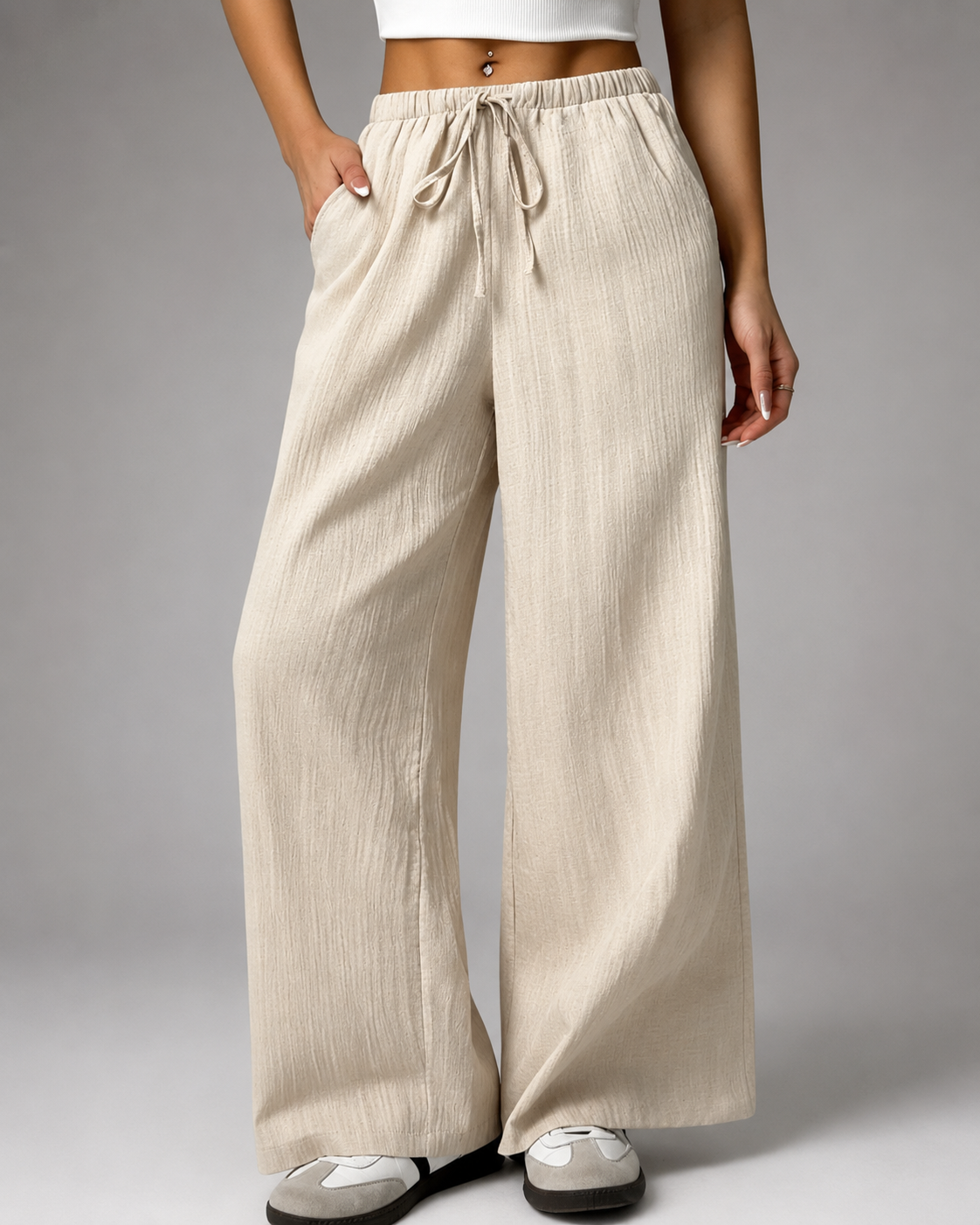 Women's Casual Wide Leg Pants – Drawstring Waist with Pockets – 100% Polyester