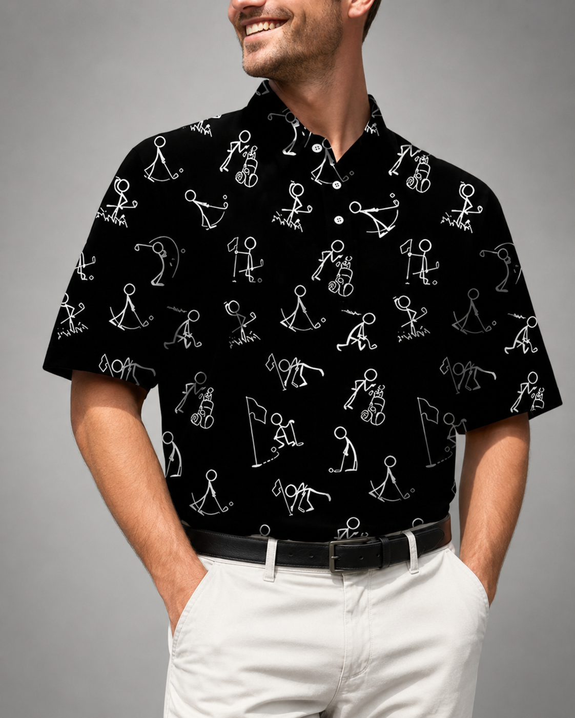 Men's Long Sleeve Polo Shirt – Polyester-Cotton Blend with 3D Print