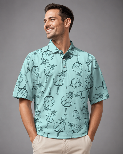 Men's Long Sleeve Polo Shirt – Polyester-Cotton Blend with 3D Print