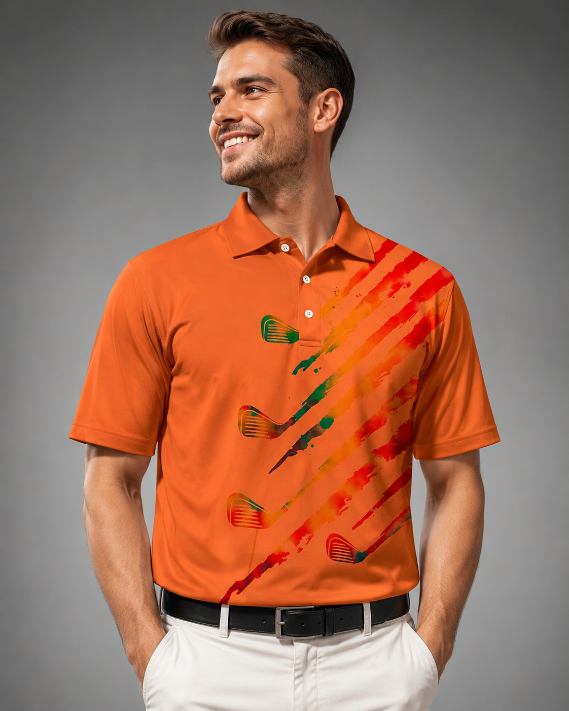 Men's Long Sleeve Polo Shirt – Polyester-Cotton Blend with 3D Print