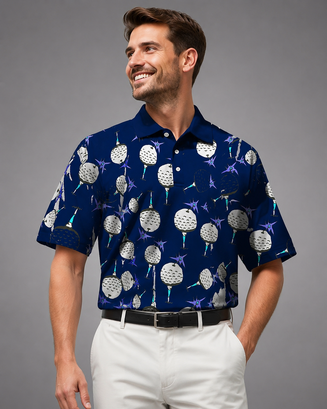 Men's Long Sleeve Polo Shirt – Polyester-Cotton Blend with 3D Print