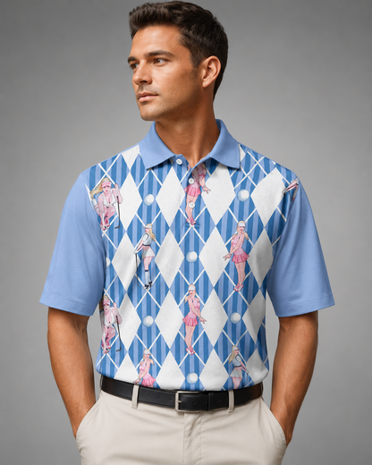 Men's Long Sleeve Polo Shirt – Polyester-Cotton Blend with 3D Print