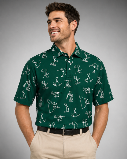 Men's Long Sleeve Polo Shirt – Polyester-Cotton Blend with 3D Print