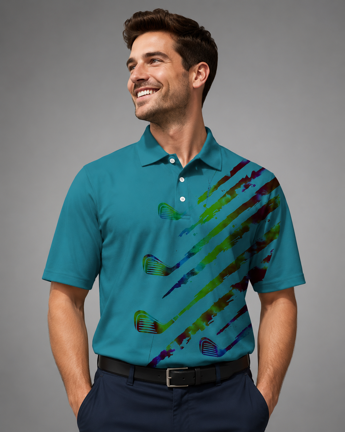 Men's Long Sleeve Polo Shirt – Polyester-Cotton Blend with 3D Print