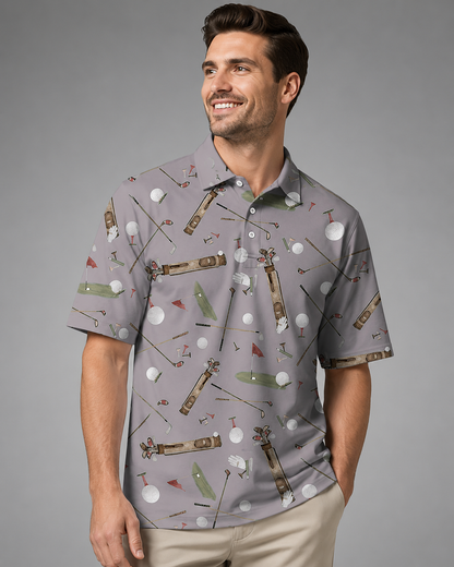 Men's Long Sleeve Polo Shirt – Polyester-Cotton Blend with 3D Print