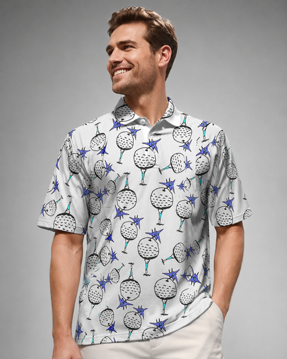 Men's Long Sleeve Polo Shirt – Polyester-Cotton Blend with 3D Print