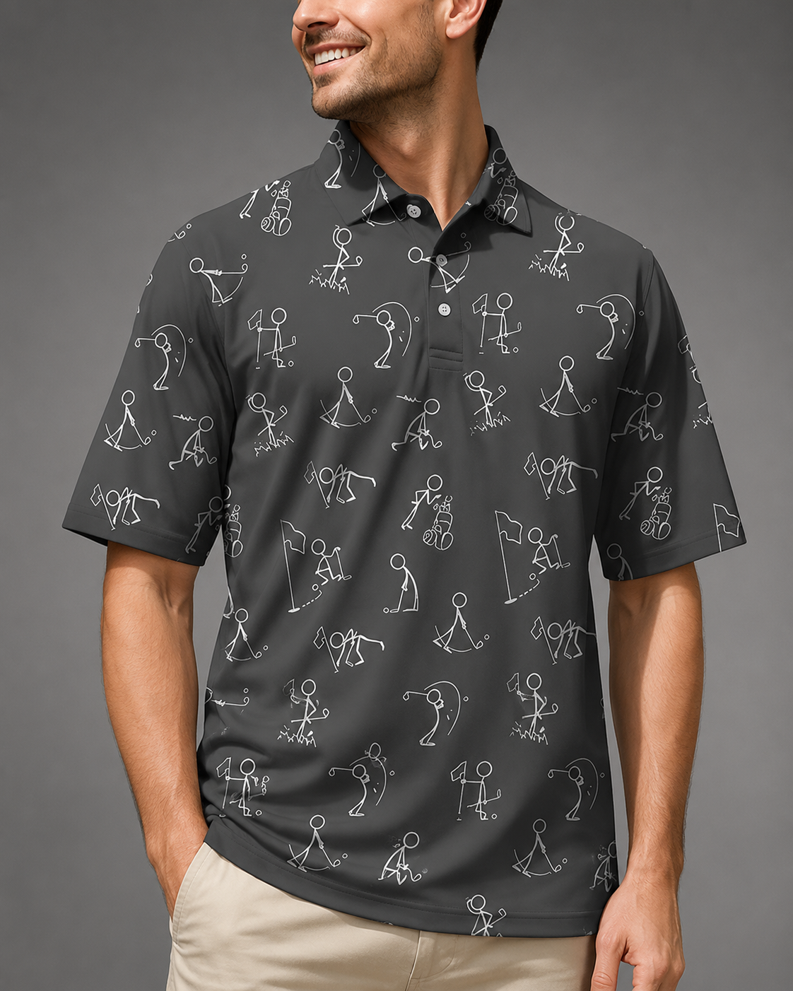 Men's Long Sleeve Polo Shirt – Polyester-Cotton Blend with 3D Print