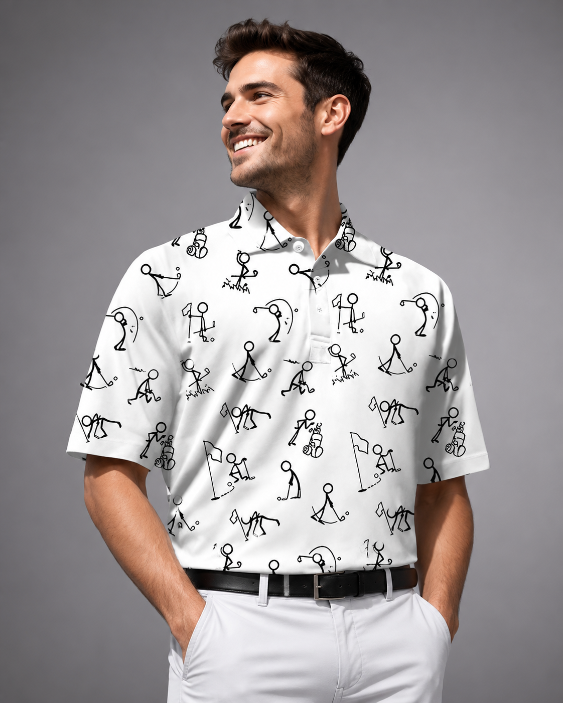 Men's Long Sleeve Polo Shirt – Polyester-Cotton Blend with 3D Print