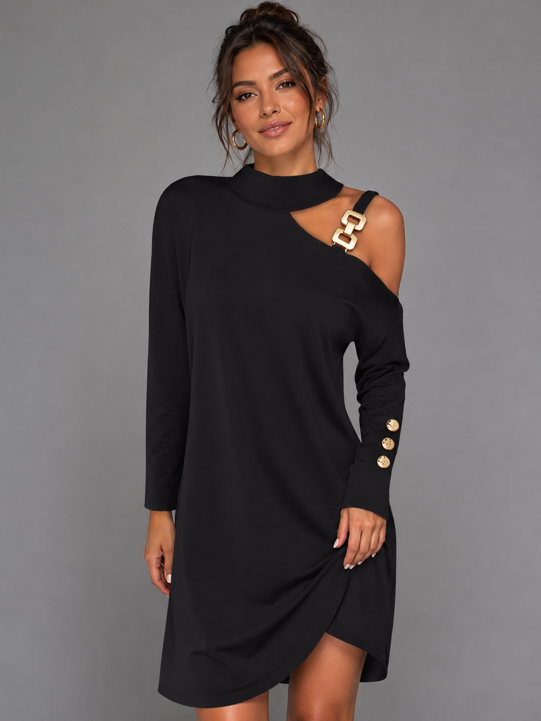 Women's Mini Black Dress – Long Sleeve Shift Style with Halter Neck and Metal Buckle