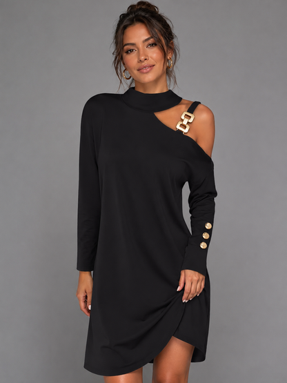 Women's Mini Black Dress – Long Sleeve Shift Style with Halter Neck and Metal Buckle