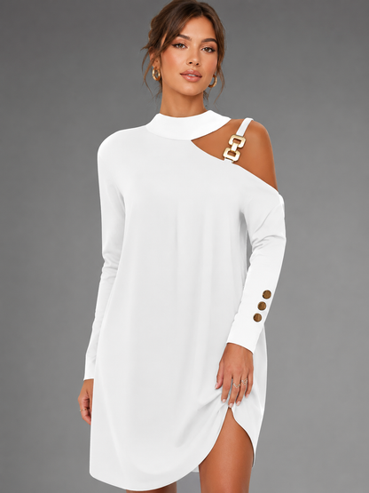 Women's Mini Black Dress – Long Sleeve Shift Style with Halter Neck and Metal Buckle
