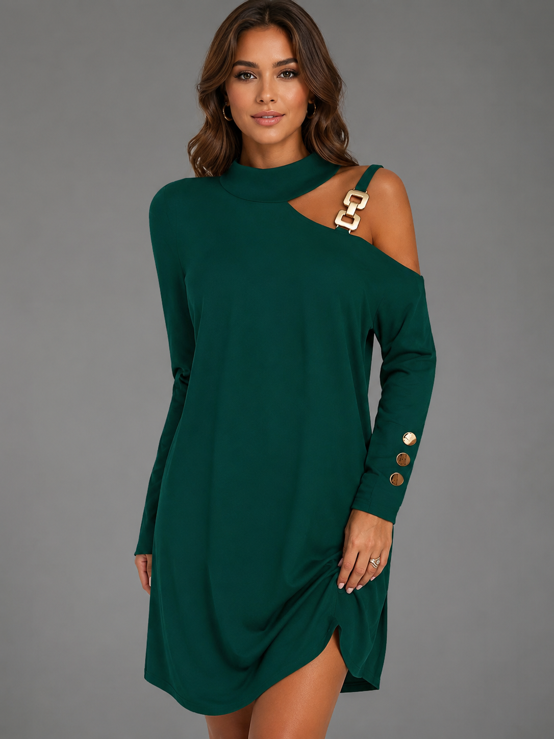 Women's Mini Black Dress – Long Sleeve Shift Style with Halter Neck and Metal Buckle