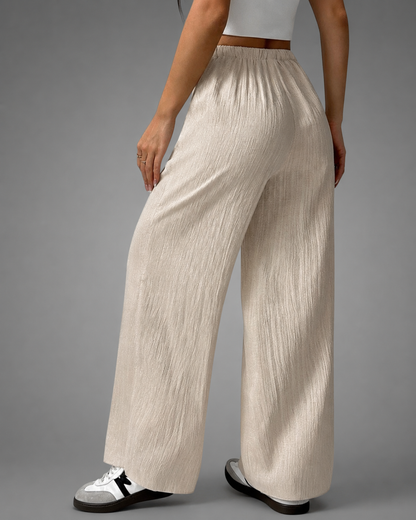 Women's Casual Wide Leg Pants – Drawstring with Pockets – 100% Polyester