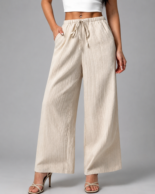 Women's Casual Wide Leg Pants – Drawstring with Pockets – 100% Polyester