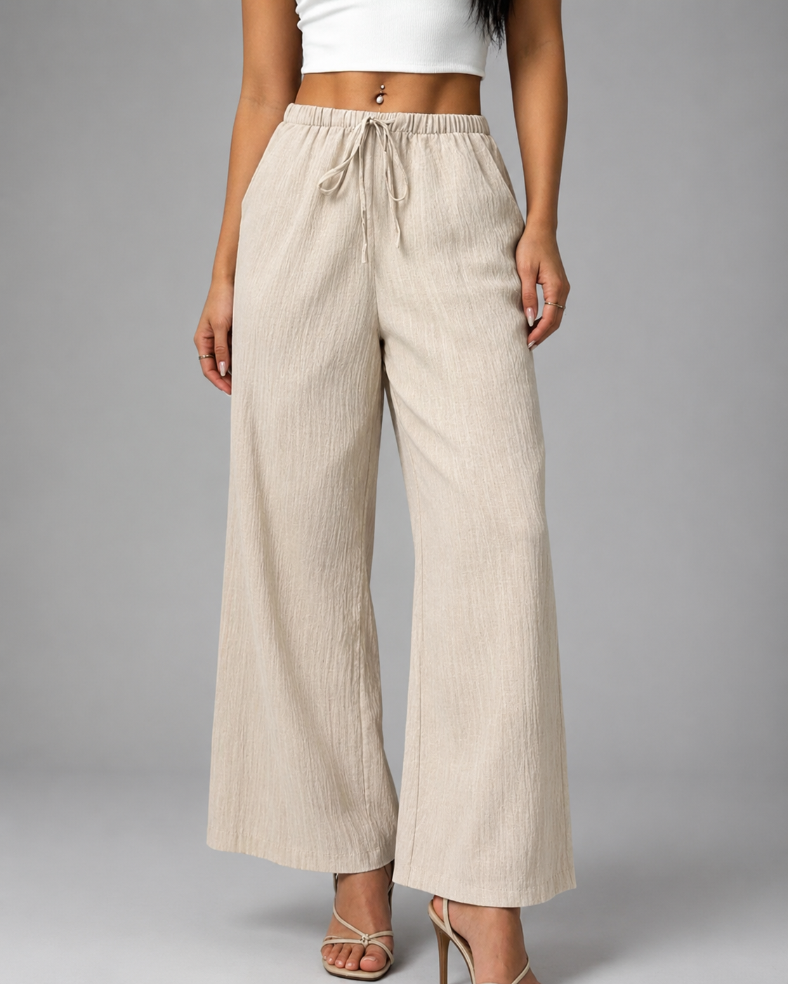 Women's Casual Wide Leg Pants – Drawstring with Pockets – 100% Polyester