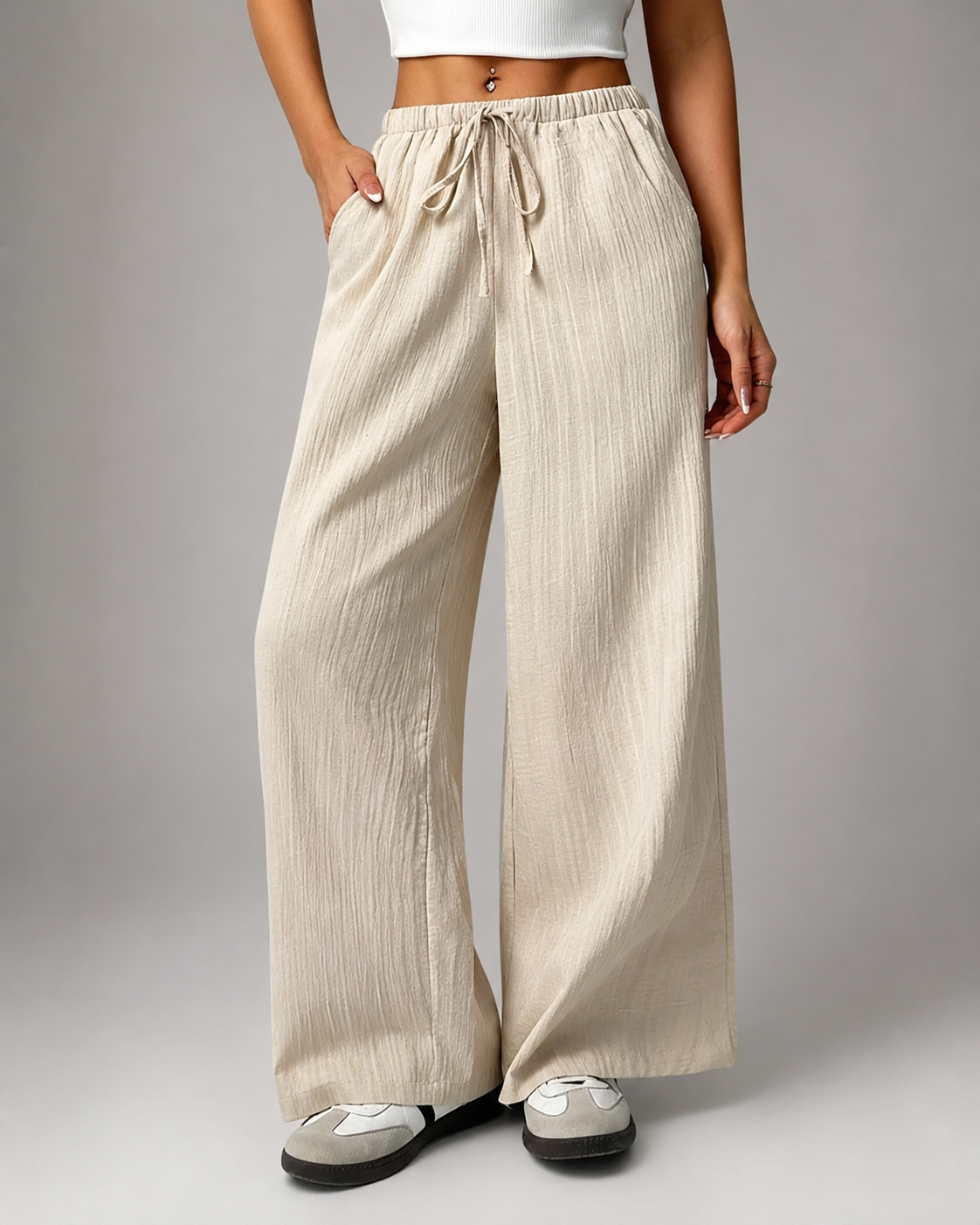 Women's Casual Wide Leg Pants – Drawstring with Pockets – 100% Polyester