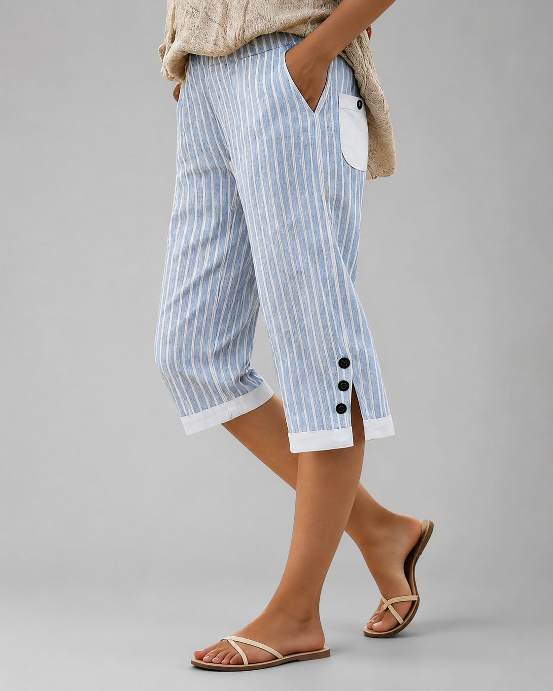 Women's Cotton Blend Capri Pants – Relaxed Fit with Elastic Waistband and Side Pockets