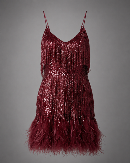 Women's Lace Cocktail Dress – Slim Fit with Spaghetti Straps – Feather Hem