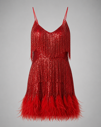 Women's Lace Cocktail Dress – Slim Fit with Spaghetti Straps – Feather Hem