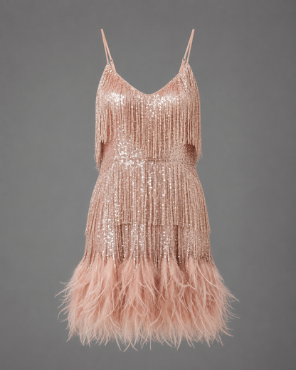 Women's Lace Cocktail Dress – Slim Fit with Spaghetti Straps – Feather Hem