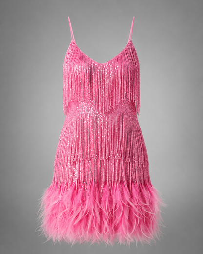 Women's Lace Cocktail Dress – Slim Fit with Spaghetti Straps – Feather Hem
