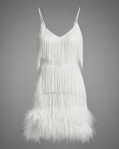 Women's Lace Cocktail Dress – Slim Fit with Spaghetti Straps – Feather Hem