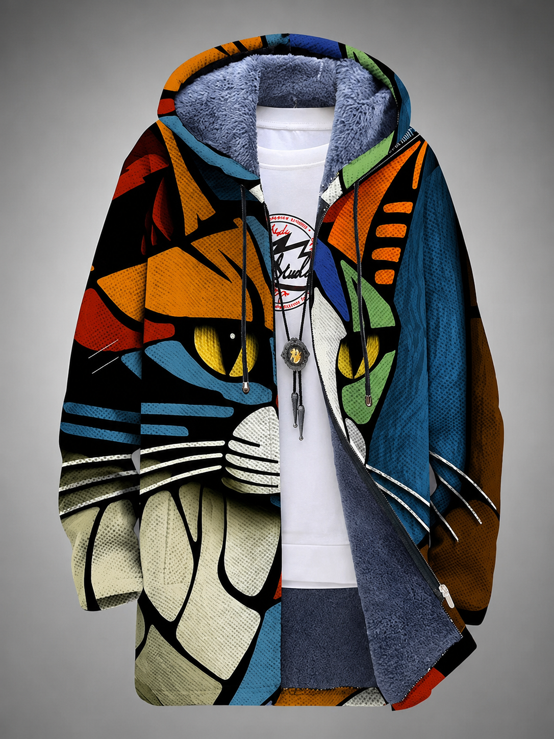 Women's Cotton-Blend Fleece Pullover Sweater – Cat Motif with Front Zipper