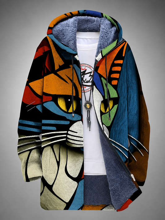 Women's Cotton-Blend Fleece Pullover Sweater – Cat Motif with Front Zipper