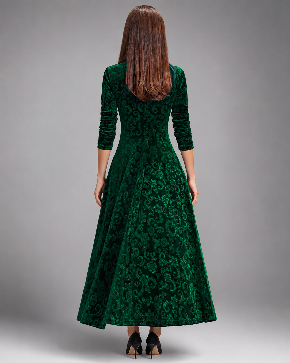 Women's A-Line Midi Dress – V-Neck with Three-Quarter Sleeves for Formal Events