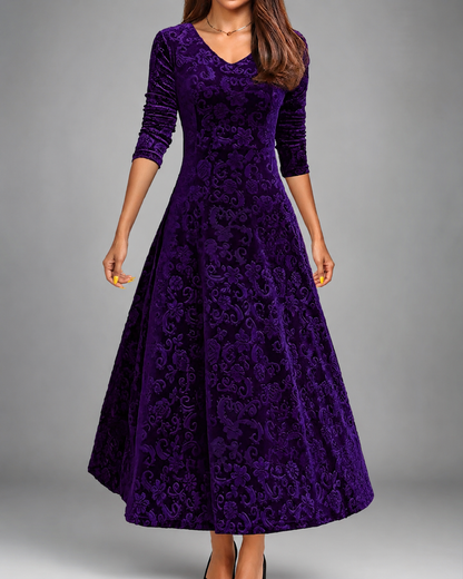 Women's A-Line Midi Dress – V-Neck with Three-Quarter Sleeves for Formal Events
