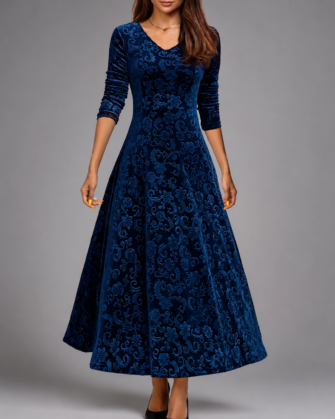 Women's A-Line Midi Dress – V-Neck with Three-Quarter Sleeves for Formal Events