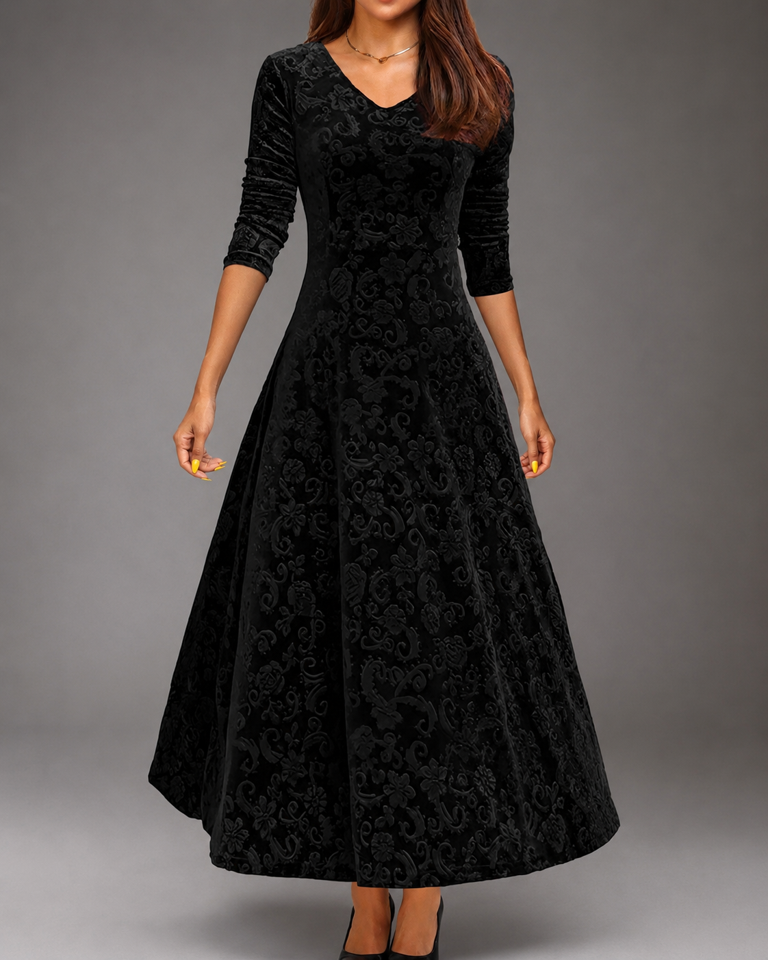 Women's A-Line Midi Dress – V-Neck with Three-Quarter Sleeves for Formal Events