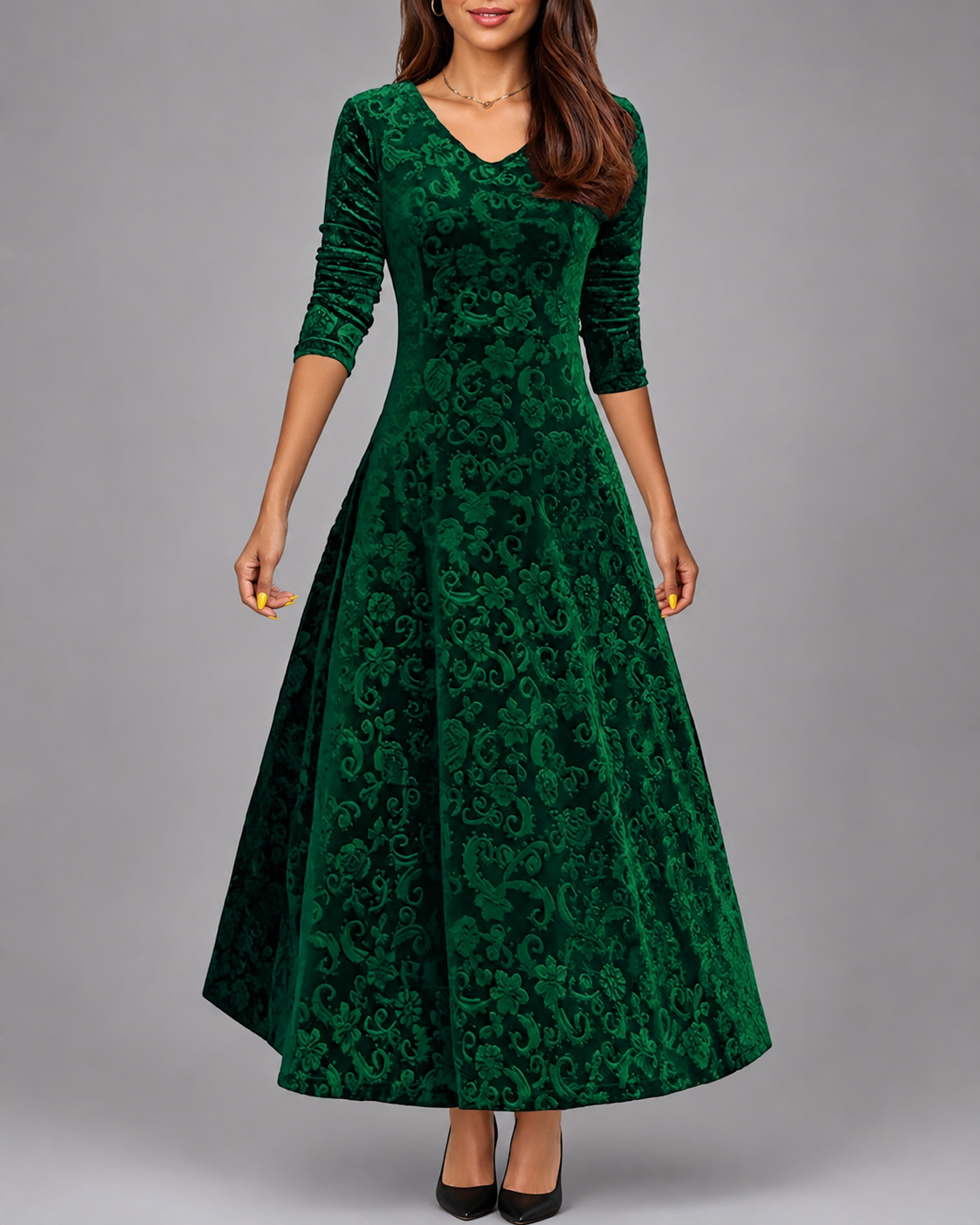 Women's A-Line Midi Dress – V-Neck with Three-Quarter Sleeves for Formal Events