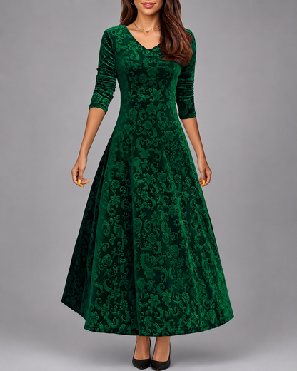 Women's A-Line Midi Dress – V-Neck with Three-Quarter Sleeves for Formal Events