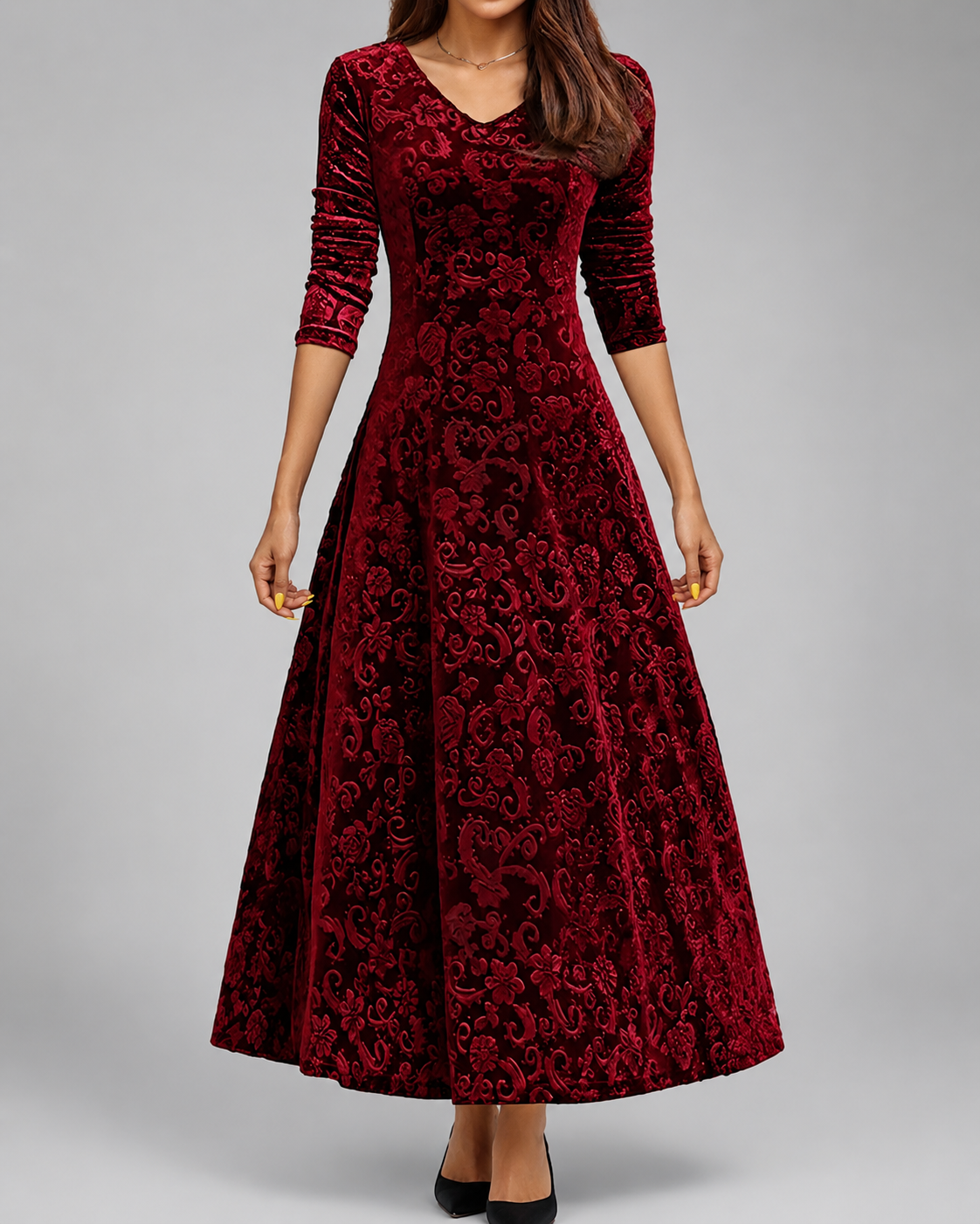 Women's A-Line Midi Dress – V-Neck with Three-Quarter Sleeves for Formal Events
