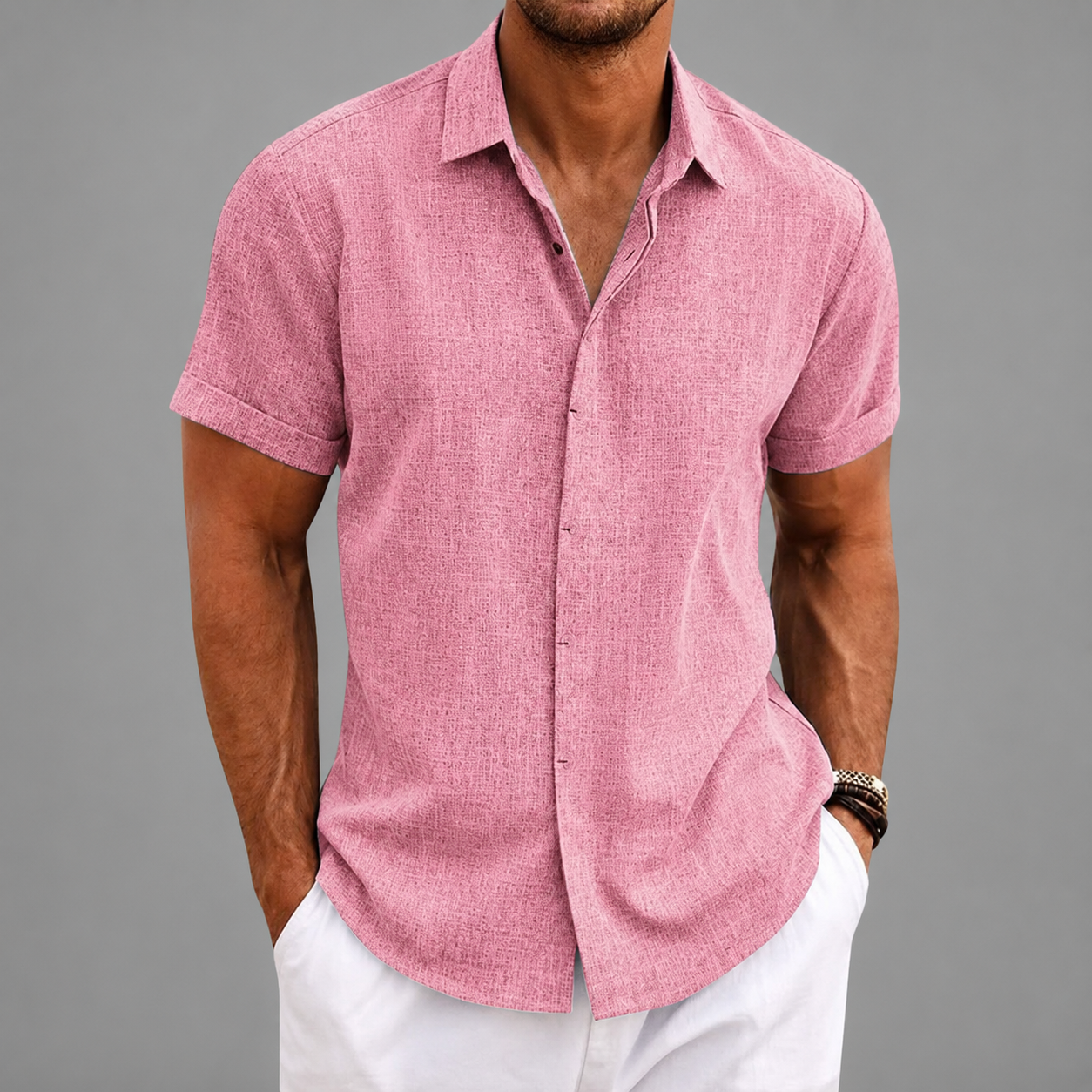 Men's Linen Shirt – Short Sleeve with Classic Turn-Down Collar