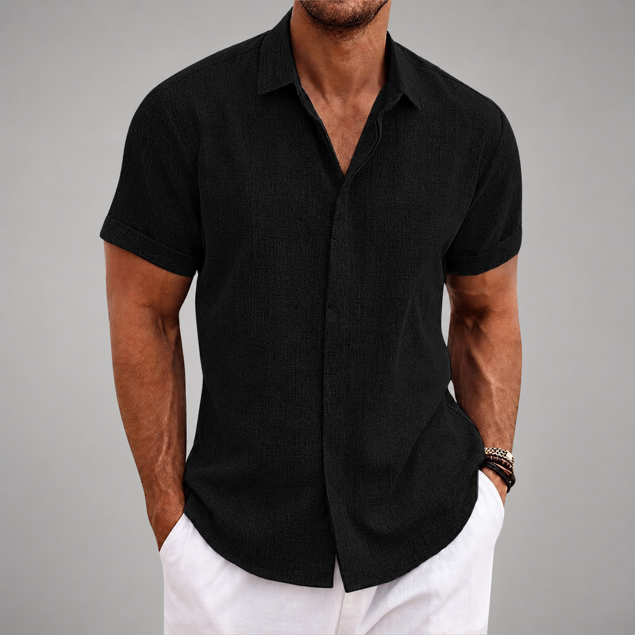 Men's Linen Shirt – Short Sleeve with Classic Turn-Down Collar