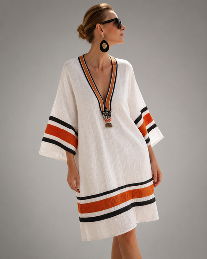 Women's Cotton-Linen Kaftan Dress – Intricate Bohemian Embroidery, Relaxed Fit