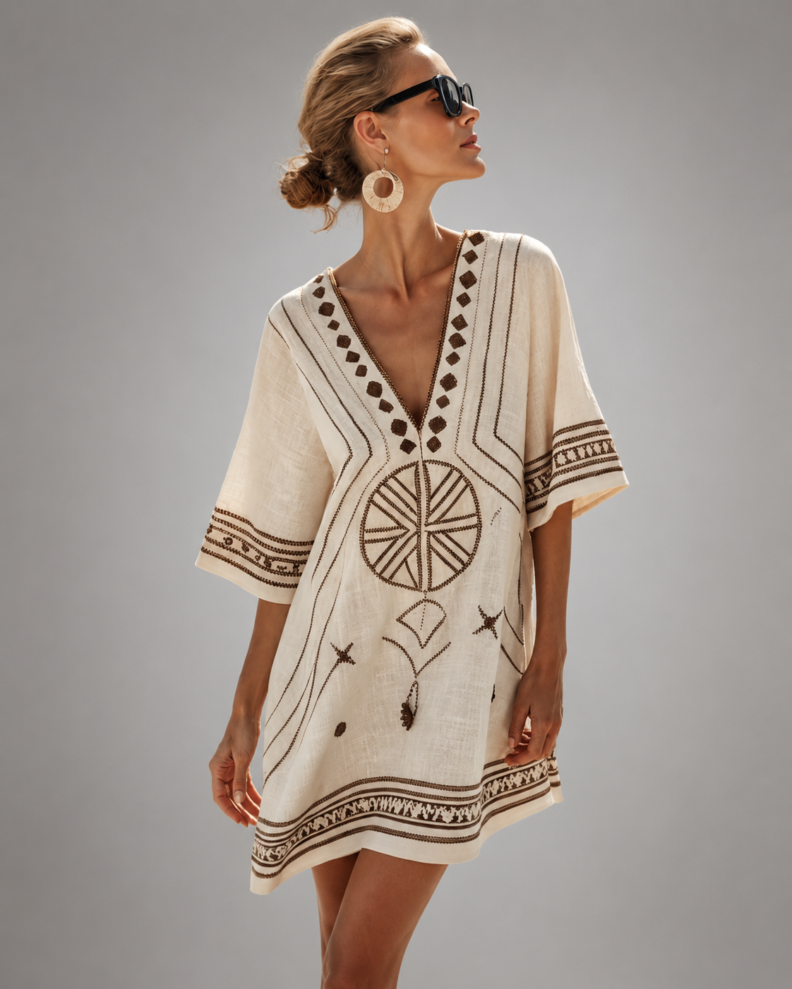Women's Cotton-Linen Kaftan Dress – Intricate Bohemian Embroidery, Relaxed Fit