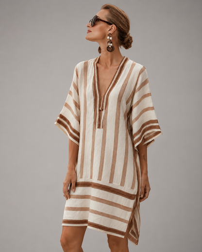 Women's Cotton-Linen Kaftan Dress – Intricate Bohemian Embroidery, Relaxed Fit