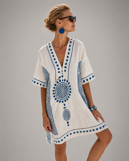 Women's Cotton-Linen Kaftan Dress – Intricate Bohemian Embroidery, Relaxed Fit