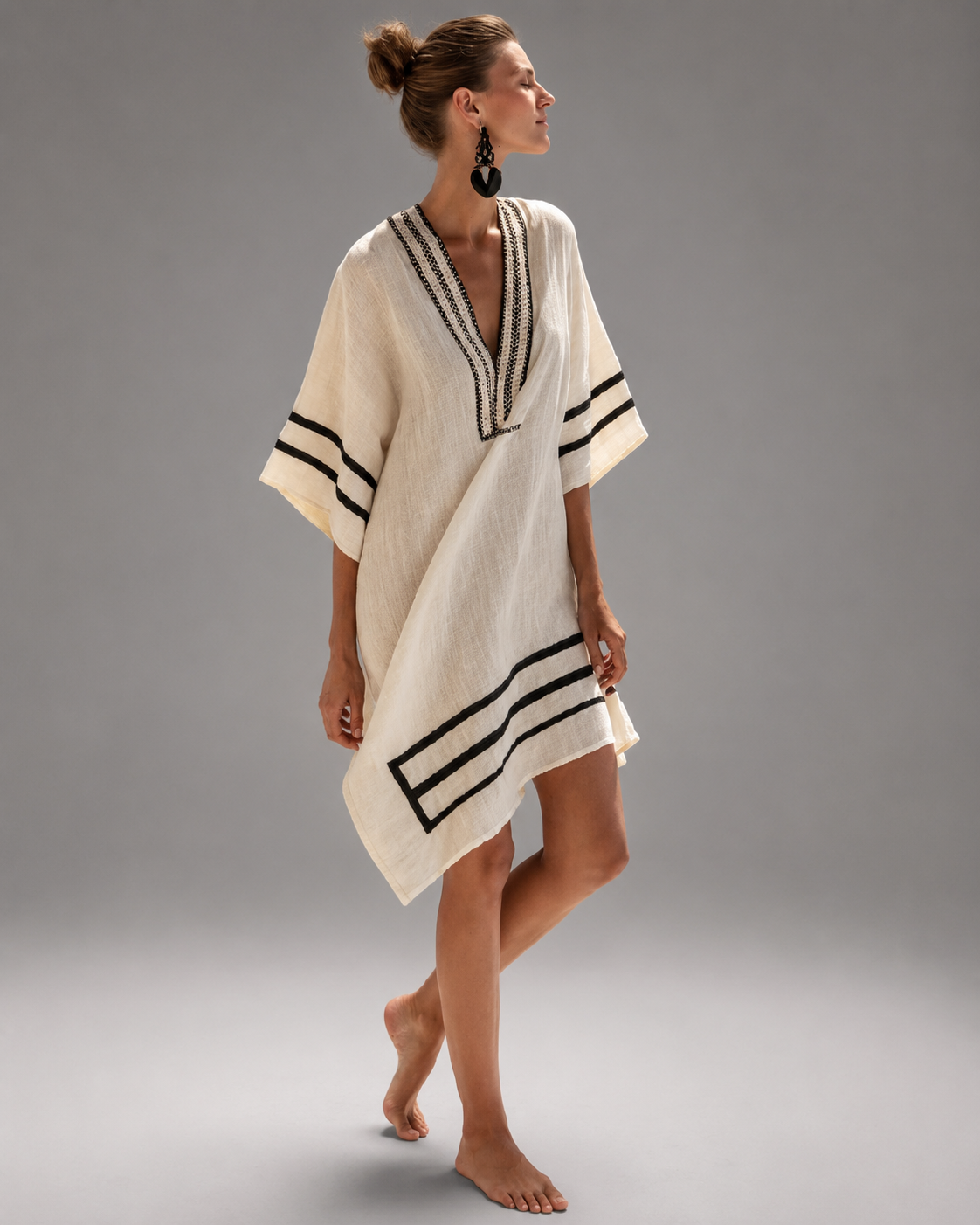 Women's Cotton-Linen Kaftan Dress – Intricate Bohemian Embroidery, Relaxed Fit