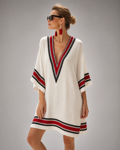 Women's Cotton-Linen Kaftan Dress – Intricate Bohemian Embroidery, Relaxed Fit