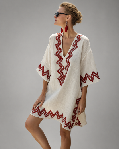 Women's Cotton-Linen Kaftan Dress – Intricate Bohemian Embroidery, Relaxed Fit